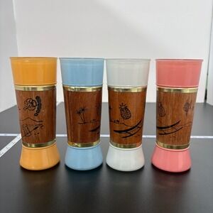 Vintage Siesta Ware Tiki Tumblers 6.5in Multi Color Genuine Mahogany Wood Set 4